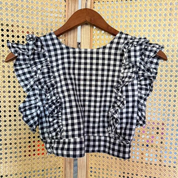 Black & white gingham crop top with ruffle sleeves - Size medium - Picture 1 of 7